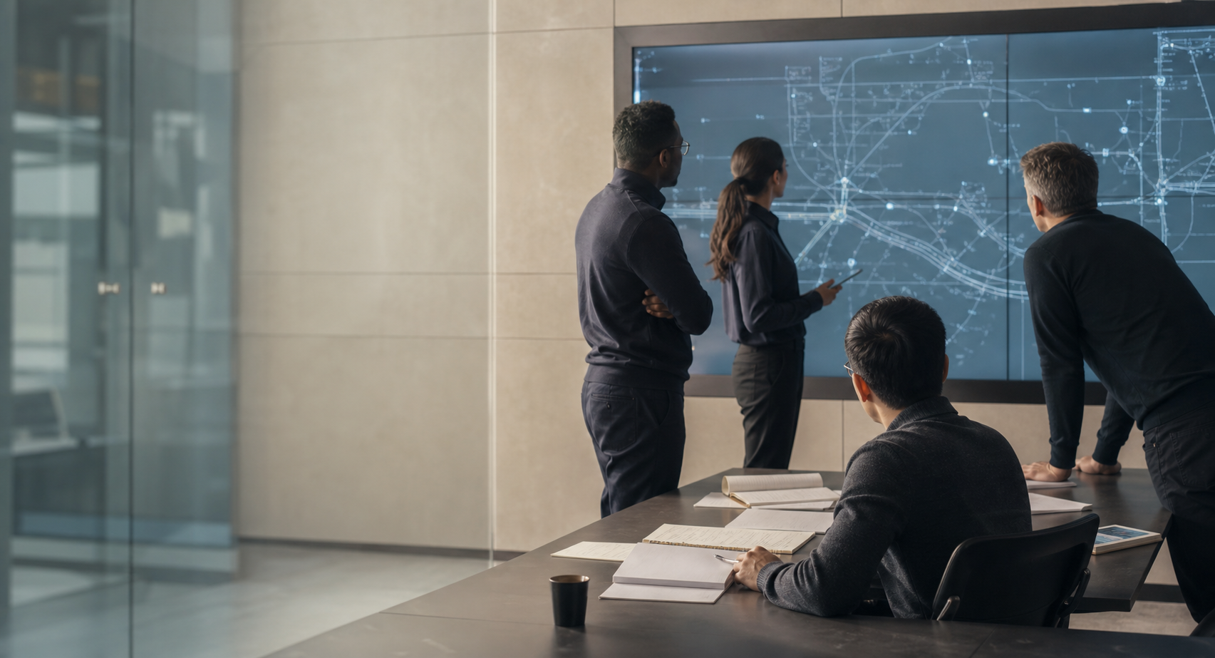Engineering team reviewing a systems map in an operational workspace